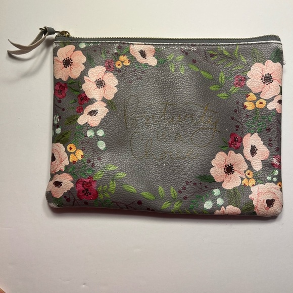 FLORAL Cosmetic Bag wit Distressed Appeal Vegan Leather “Positivity is a… - Picture 1 of 5